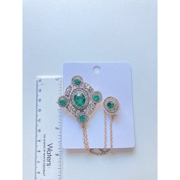 Baroque Vintage-Style Brooch for Women, Green Imitation Crystal & Chain Corsage - Picture 5 of 7